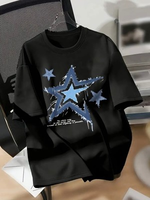 Mercoledi Yıldız Baskılı Oversize Bisiklet Yaka T-Shirt
