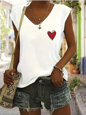 Mercoledi Kırmızı Kalp Baskılı Kadın Oversize Kolsuz T-Shırt