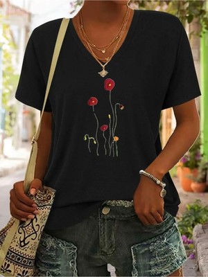 Mercoledi Çiçek Baskılı Kadın Oversize V Yaka T-Shırt