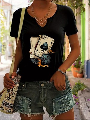Mercoledi Kadın Iskambil Kagıdı Baskılı Yarım V-Yaka Kollu Regular Kalıp Rahat T-Shirt