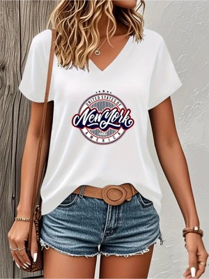 Mercoledi New York Usa Baskılı Kadın Oversize V Yaka T-Shırt