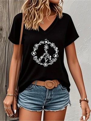 Mercoledi Peace Flowers Baskılı Kadın Oversize V Yaka T-Shırt