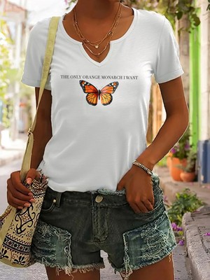 Mercoledi Kadın Kelebek Baskılı Yarım V-Yaka Kollu Regular Kalıp Rahat T-Shirt