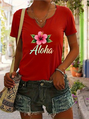 Mercoledi Kadın Aloha Baskılı Yarım V-Yaka Kollu Regular Kalıp Rahat T-Shirt