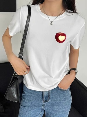 Mercoledi Kalp Elma Baskılı Oversize Bisiklet Yaka T-Shirt