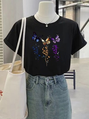 Mercoledi Live Love Laugh Kelebek Baskılı Oversize Bisiklet Yaka T-Shirt