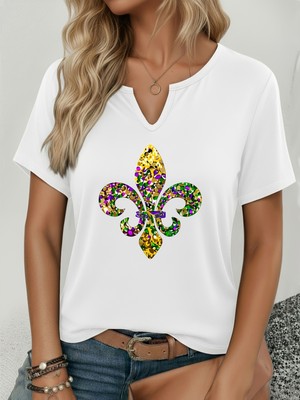 Mercoledi Kadın Mardi Gras Baskılı Yarım V-Yaka Kollu Regular Kalıp Rahat T-Shirt