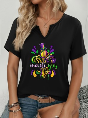 Mercoledi Kadın Mardi Gras Baskılı Yarım V-Yaka Kollu Regular Kalıp Rahat T-Shirt