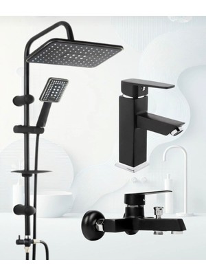 Siyah Kare Set 3 Lü Lavabo Bataryası Banyo Bataryası
