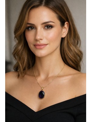 Solare Accessories Ametist Doğal Taşlı Altın Kaplama Detaylı Çelik Kolye