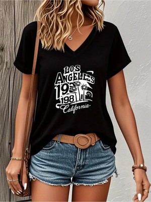 Mercoledi Los Angeles Calıfornıa Baskılı Kadın Oversize V Yaka T-Shırt