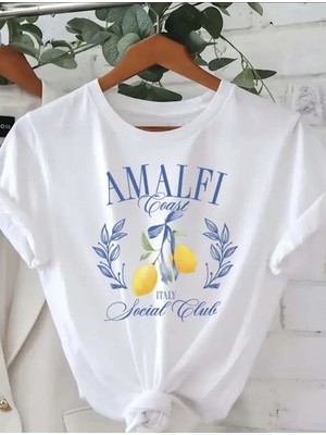 Mercoledi Amalfı Baskılı Oversize Bisiklet Yaka T-Shirt
