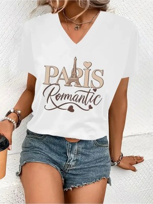 Mercoledi Parıs Romantıc Baskılı Kadın Oversize V Yaka T-Shırt