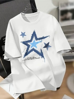 Mercoledi Yıldız Baskılı Oversize Bisiklet Yaka T-Shirt