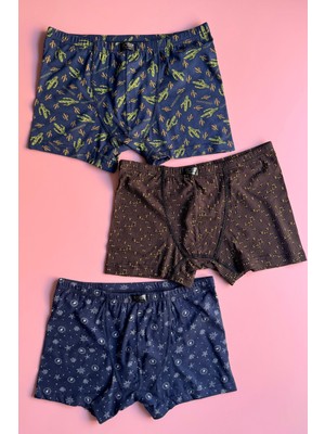 Ahmio Morvane | 3'lü Modal Kumaş, Ince Biyeli, Desenli Likralı Erkek Boxer