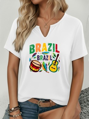 Mercoledi Kadın Brazil Baskılı Yarım V-Yaka Kollu Regular Kalıp Rahat T-Shirt