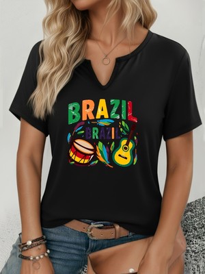 Mercoledi Kadın Brazil Baskılı Yarım V-Yaka Kollu Regular Kalıp Rahat T-Shirt