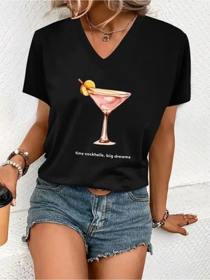 Mercoledi Tıny Cocktaıls Baskılı Kadın Oversize V Yaka T-Shırt