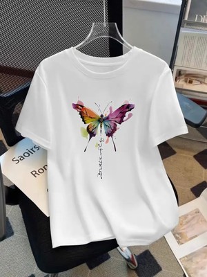 Mercoledi Suluboya Kelebek Baskılı Oversize Bisiklet Yaka T-Shirt