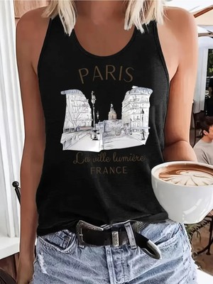 Mercoledi Kadın Kolsuz Baskılı Yuvarlak Yaka Üst T-Shirt