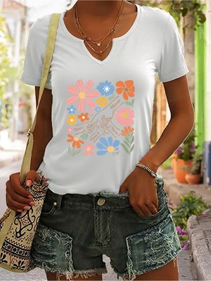 Mercoledi Kadın Baskılı Yarım V-Yaka Kollu Regular Kalıp Rahat T-Shirt
