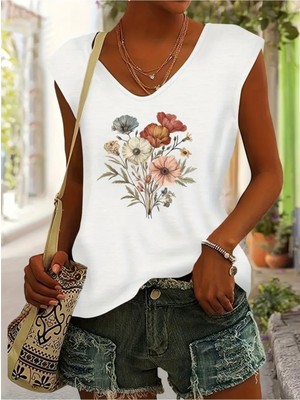 Mercoledi Çiçek Baskılı Kadın Oversize Kolsuz T-Shırt