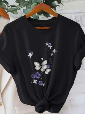 Mercoledi Kelebek ve Çiçek Baskılı Oversize Bisiklet Yaka T-Shirt