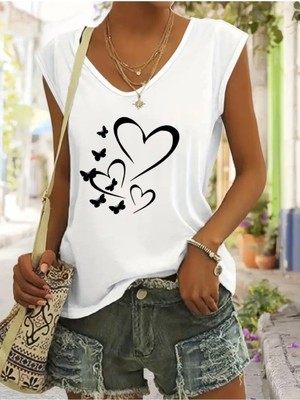 Mercoledi Kalp Baskılı Kadın Oversize Kolsuz T-Shırt