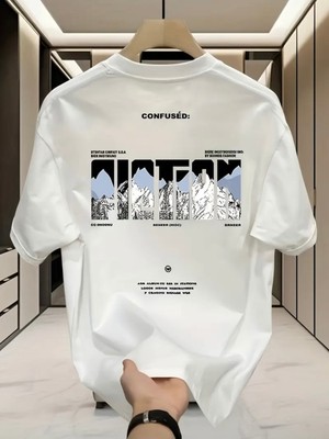 Mercoledi Confused Dağ Baskılı Oversize Bisiklet Yaka T-Shirt