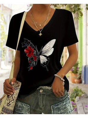 Mercoledi V Yaka Oversize Kırmızı Çiçekli Kelebek Baskılı Tişört