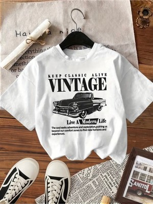 Mercoledi Vintage Araba Baskılı Oversize Bisiklet Yaka T-Shirt