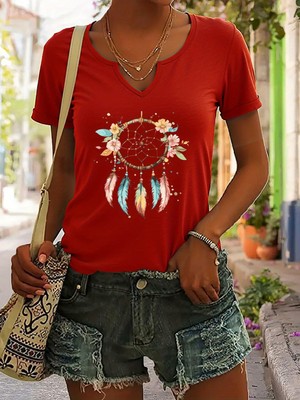 Mercoledi Kadın Dream Catcher Baskılı Yarım V-Yaka Kollu Regular Kalıp Rahat T-Shirt