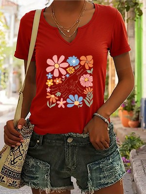 Mercoledi Kadın Baskılı Yarım V-Yaka Kollu Regular Kalıp Rahat T-Shirt