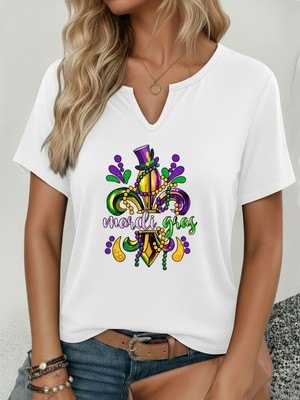Mercoledi Kadın Mardi Gras Baskılı Yarım V-Yaka Kollu Regular Kalıp Rahat T-Shirt