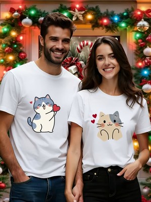 Mercoledi Çift Kombini 1 Adet Kadın Modeli Sevgililer Günü Baskılı Rahat Kalıp T-Shirt