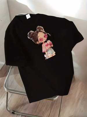 Mercoledi Girl Baskılı Oversize Bisiklet Yaka T-Shirt