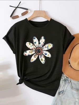 Mercoledi Çiçek Baskılı Oversize Bisiklet Yaka T-Shirt
