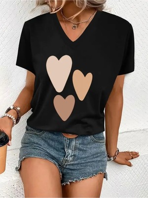 Mercoledi Kalp Kaplumbağalar Baskılı Kadın Oversize V Yaka T-Shırt