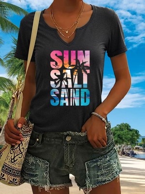 Mercoledi Kadın Sun Salt Baskılı Yarım V-Yaka Kollu Regular Kalıp Rahat T-Shirt