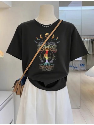 Mercoledi Yaşam Ağacı Baskılı Oversize Bisiklet Yaka T-Shirt