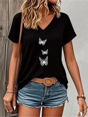 Mercoledi Kelebek Baskılı Kadın Oversize V Yaka T-Shırt