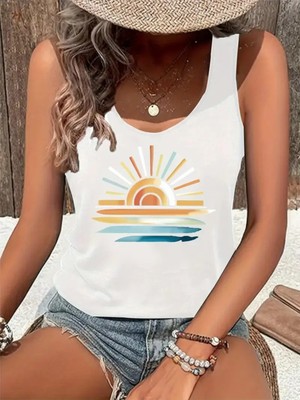 Mercoledi Kadın Kolsuz Baskılı Yuvarlak Yaka Üst T-Shirt