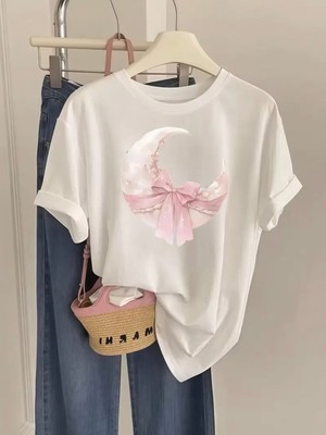 Mercoledi Kurdeleli Ay Baskılı Oversize Bisiklet Yaka T-Shirt