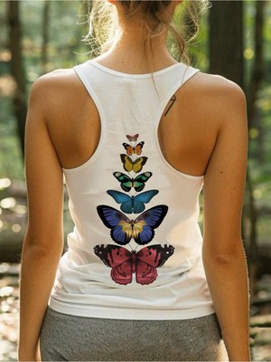 Mercoledi Kadın Sırt Kelebek Baskılı Slim Fit Oyuk Yaka Yüzücü Atlet T-Shirt