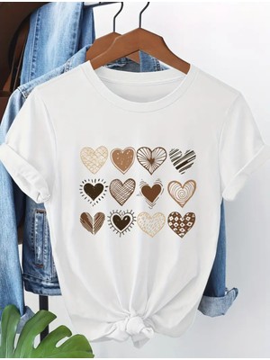 Mercoledi Kalp Desen Baskılı Oversize Bisiklet Yaka T-Shirt