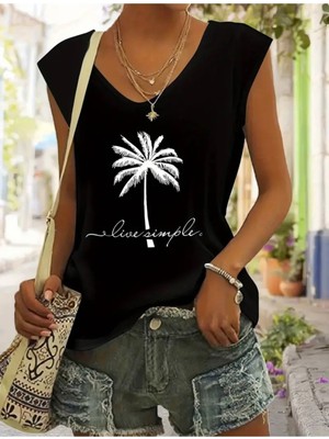 Mercoledi Palmiye Baskılı Kadın Kolsuz T-Shırt