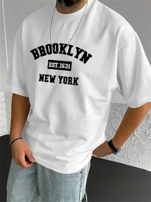 Mercoledi Brooklyn New York Baskılı Oversize Bisiklet Yaka T-Shirt