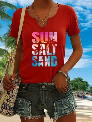 Mercoledi Kadın Sun Salt Baskılı Yarım V-Yaka Kollu Regular Kalıp Rahat T-Shirt