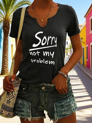 Mercoledi Kadın Not My Problem Baskılı Yarım V-Yaka Kollu Regular Kalıp Rahat T-Shirt