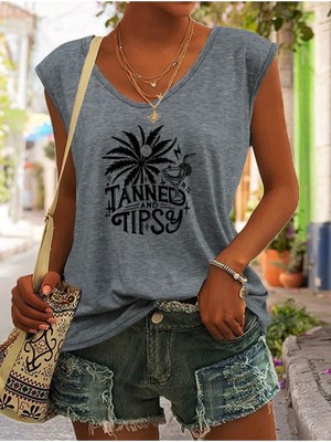 Mercoledi Tanned And Tıpsy Baskılı Kadın Oversize Kolsuz T-Shırt